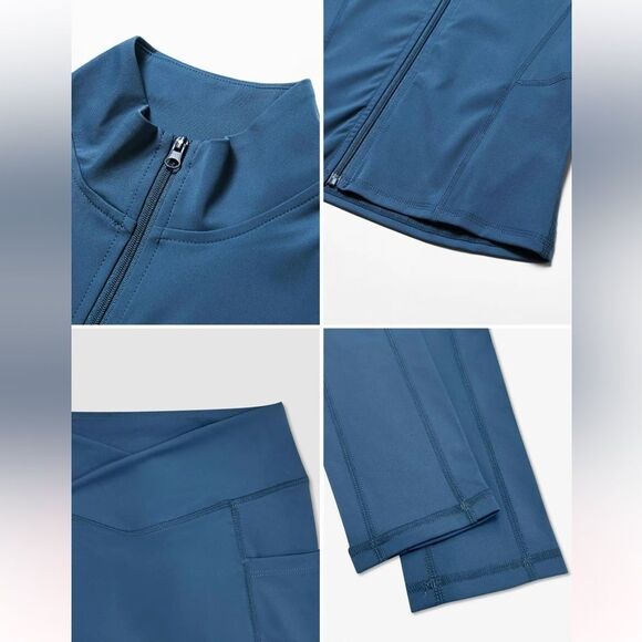 Two-piece Women's Solid Color Zip Up Crop Coat & High Waist Leggings Tracksuit - Picture 5 of 7